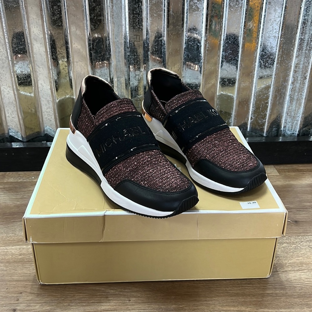 MICHAEL KORS Felix Glitter Chain Mesh Black and gunmetal Lurex Trainer NIB